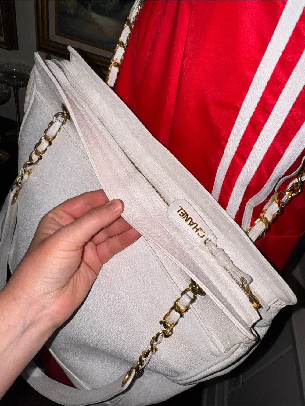 CHANEL XL Vintage Triple CC White Leather Shoulder Tote Bag Purse Gold Chain